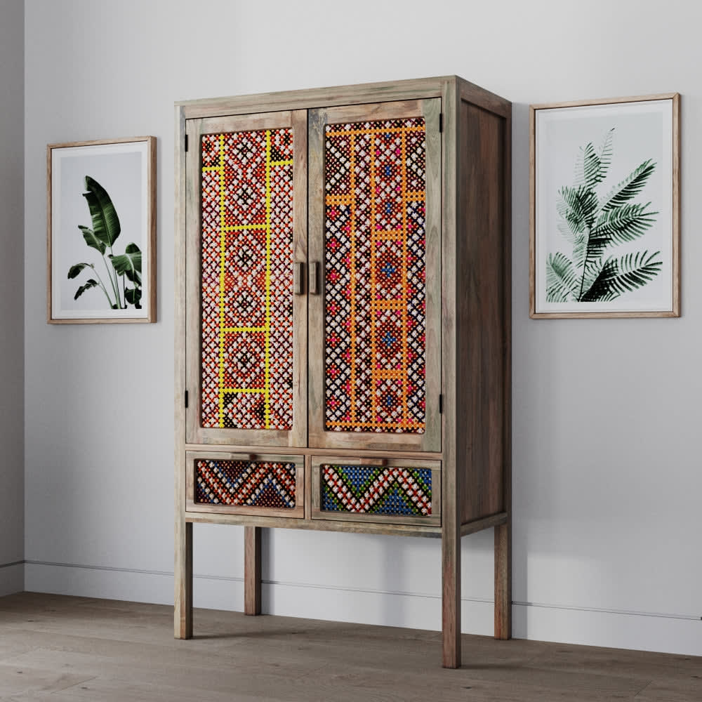 Armoire 2 portes 2 tiroirs en manguier et cannage coloré