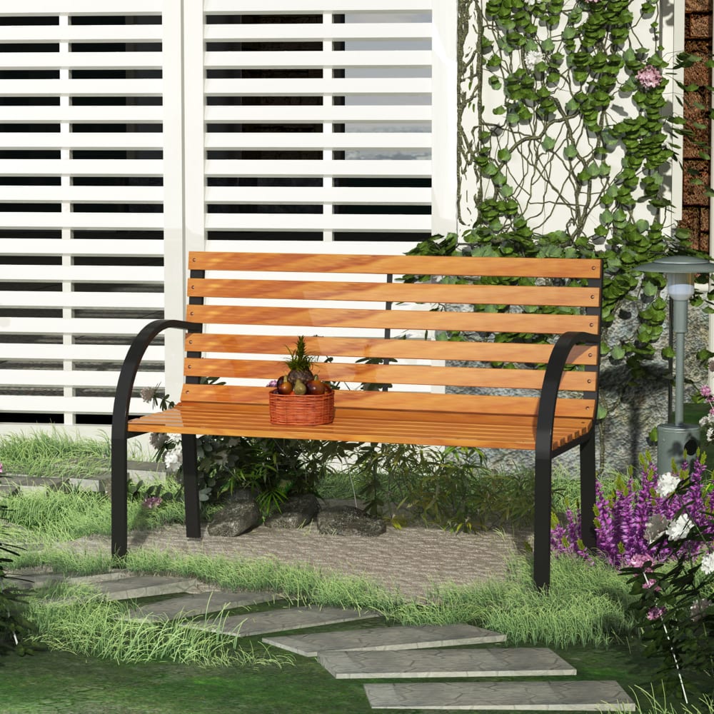 Banc de jardin 2 places style rural chic acier époxy bois lasuré