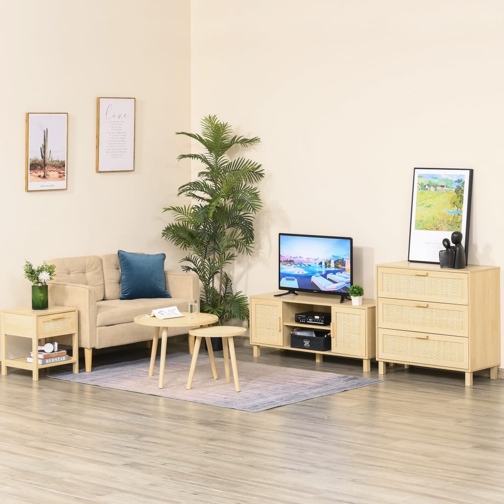 Table de chevet avec tiroir et étagère rotin bois naturel clair