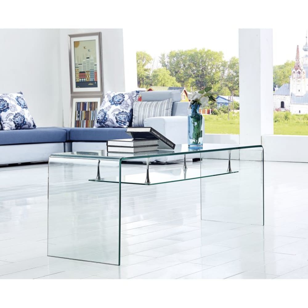 Meuble tv 126 cm en verre trempé avec étagère suspendue vitrée