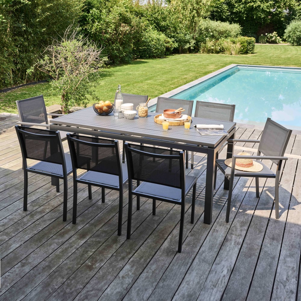 Ensemble table de jardin extensible et 8 assises en aluminium gris - Maisons du Monde
