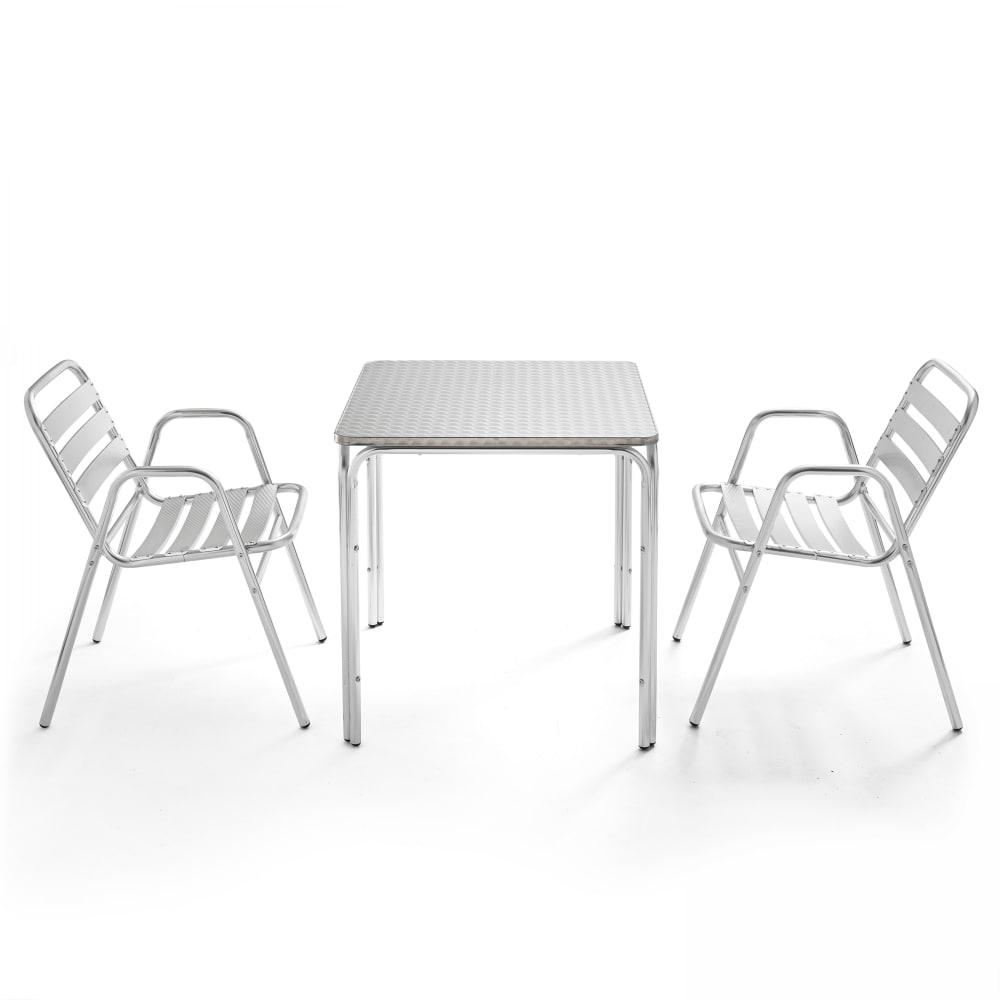 Table de jardin carrée en aluminium et 2 fauteuils