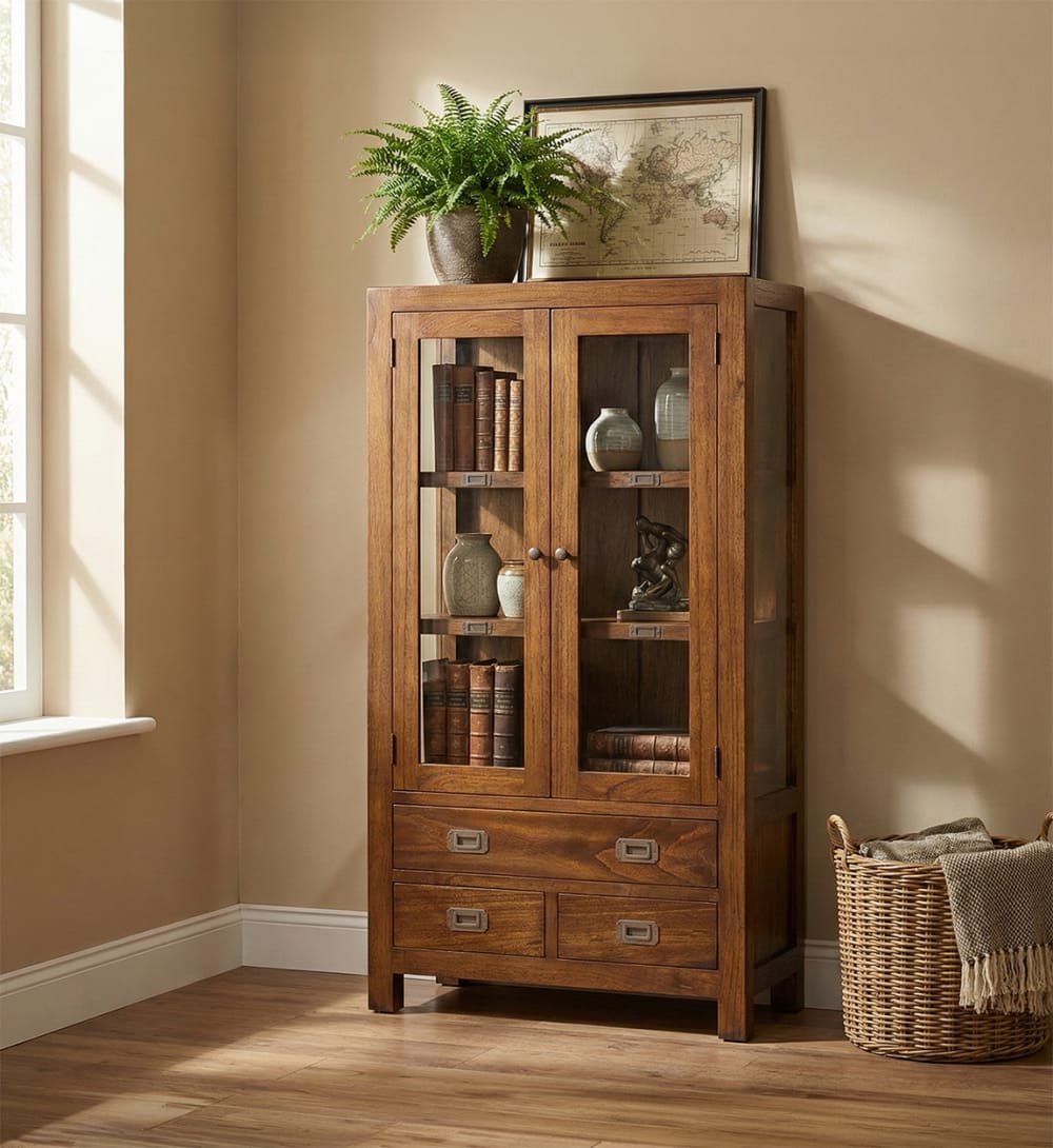 Vitrine 2 Türen und 3 Schubladen, aus Glas und Holz, H 135 cm,