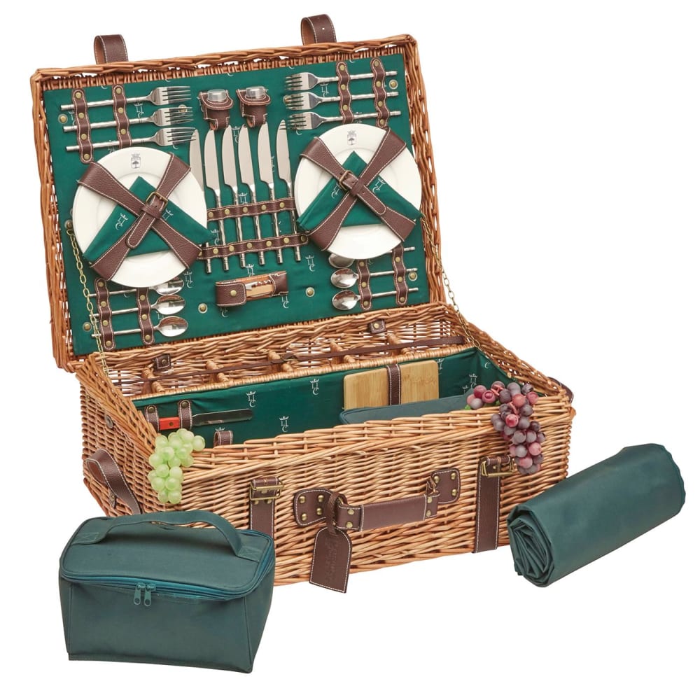Cesta de picnic de mimbre y cuero champs-elysées verde para 6 personas