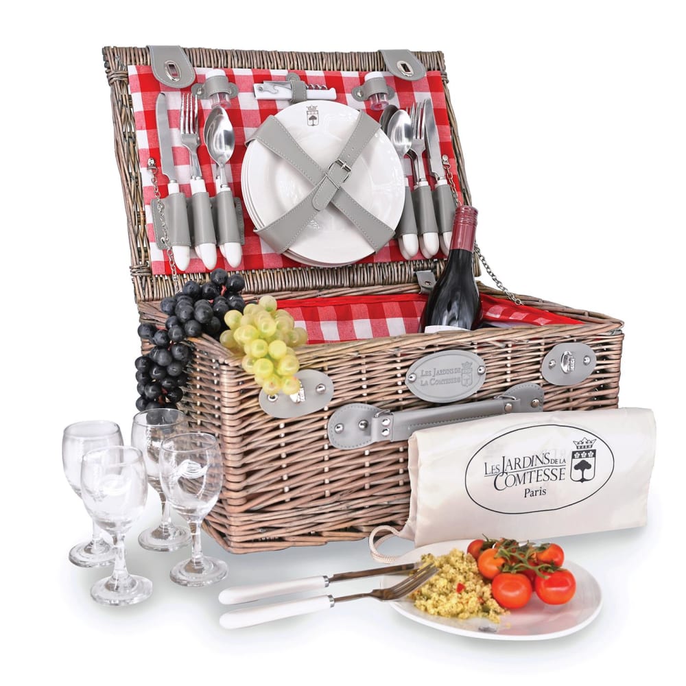 Cesta picnic de mimbre marly con cuadros rojos para 4 personas
