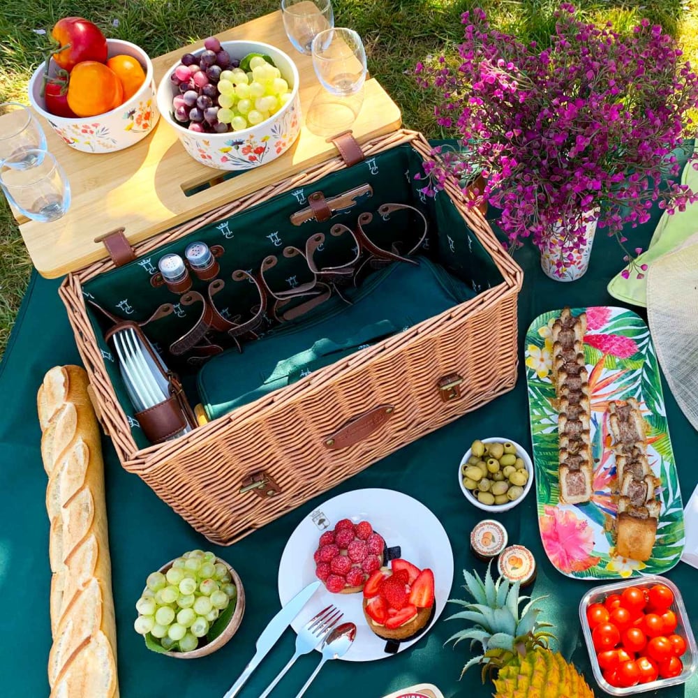 Cesta de picnic de mimbre y cuero saint-honoré verde para 4 personas - Maisons du Monde