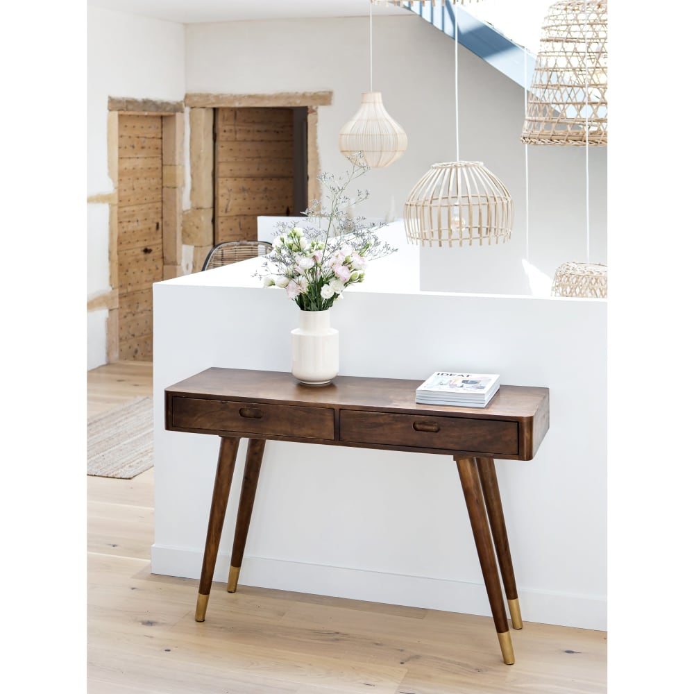 Massivholz-Konsole mit 2 Schubladen und goldenen Details -