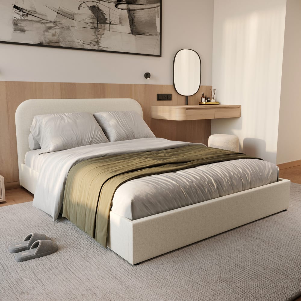 Lit double avec coffre 140x190 cm en tissu gris/beige - Maisons du Monde