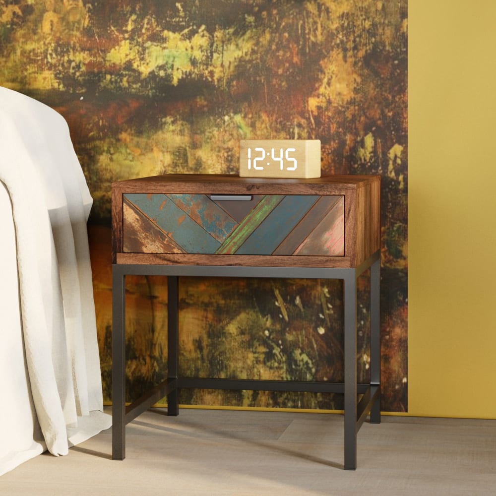 Table de chevet 1 tiroir en bois d'acacia et bois recyclé
