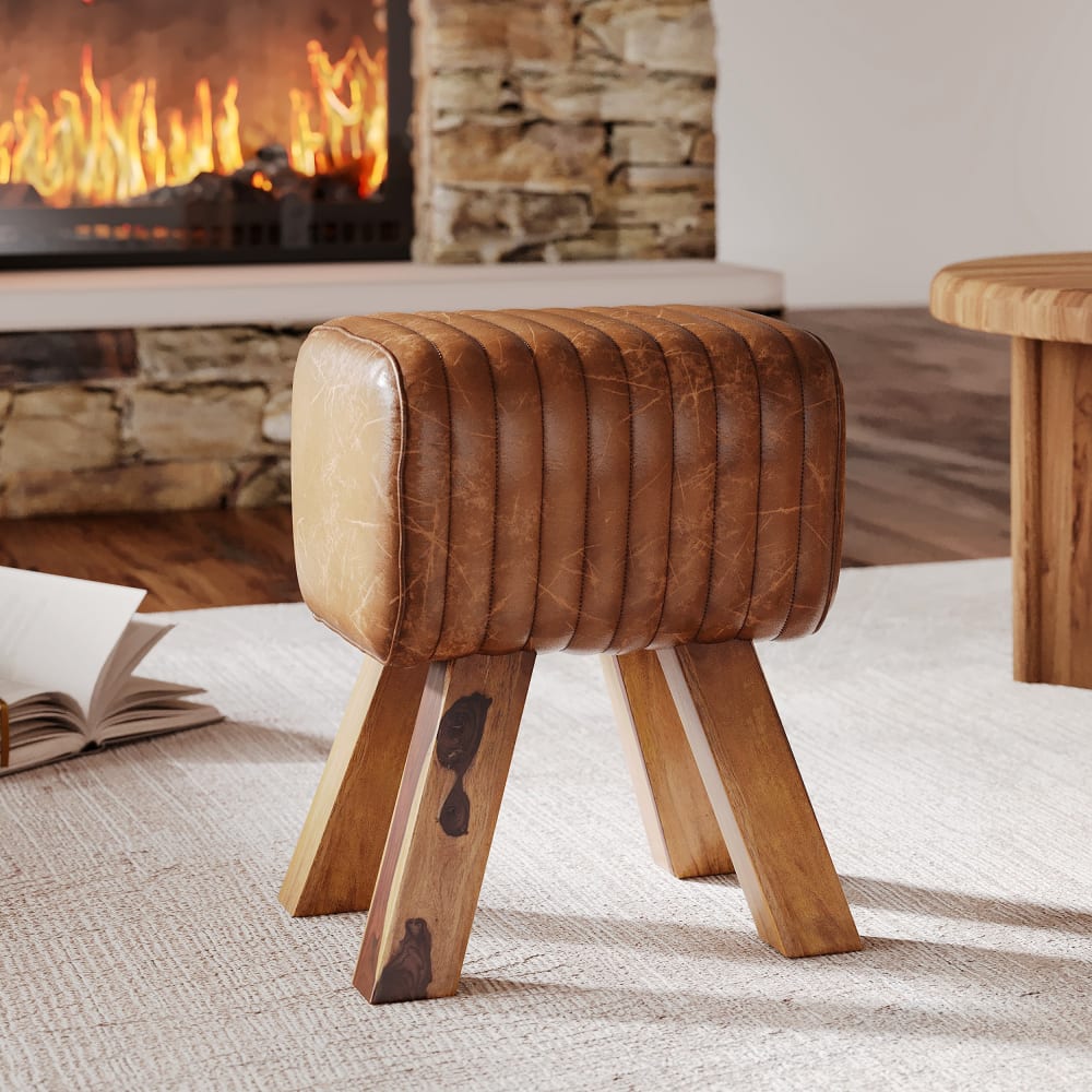 Sgabello in pelle marrone e legno di mango - Maison Pavane
