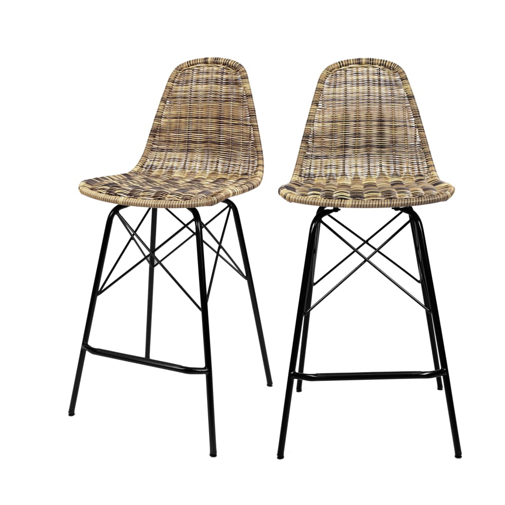 Lot de 2 chaises de bar 63 cm en résine tressé marron