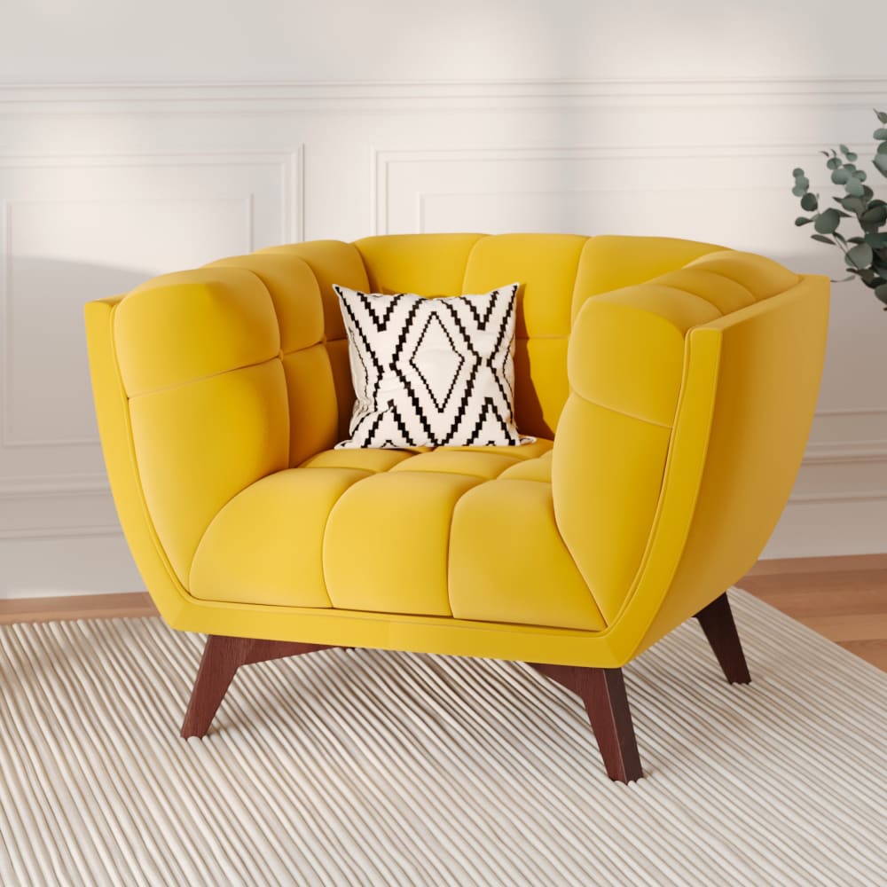 Fauteuil en velours jaune pieds marrons