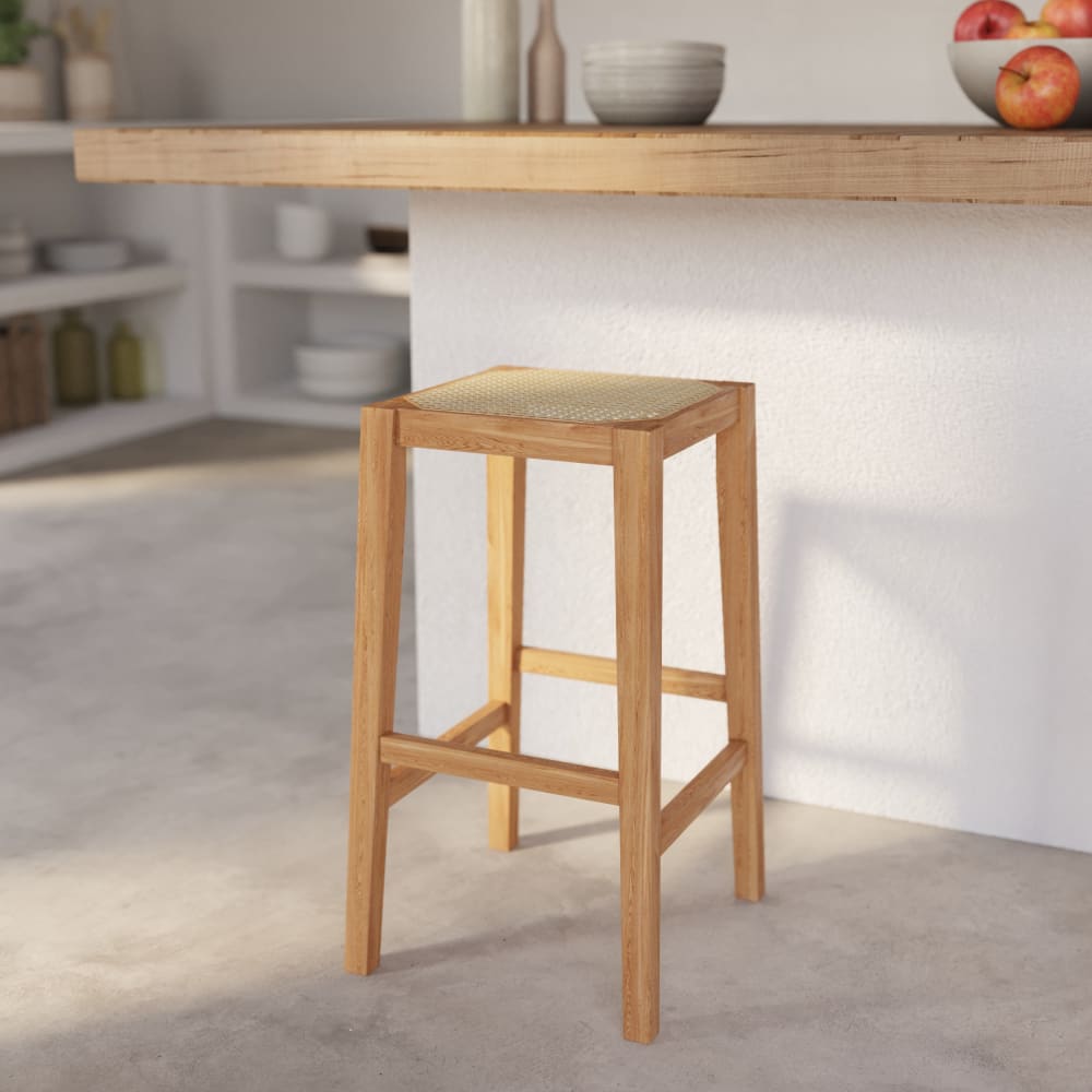 Tabouret pour îlot central 65 cm en cannage et bois