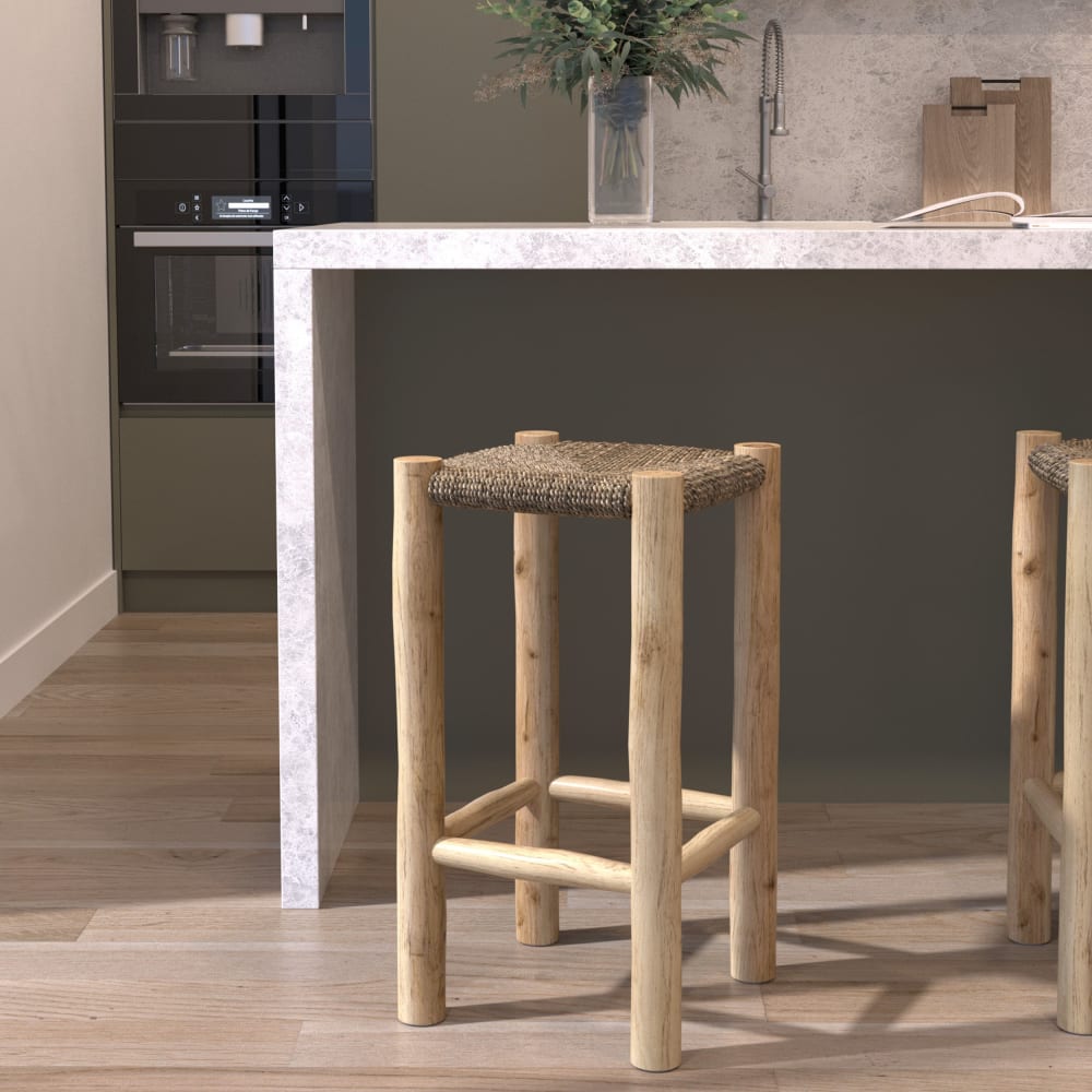 Tabouret pour îlot central 65 cm en jonc de mer et teck - Maisons du Monde