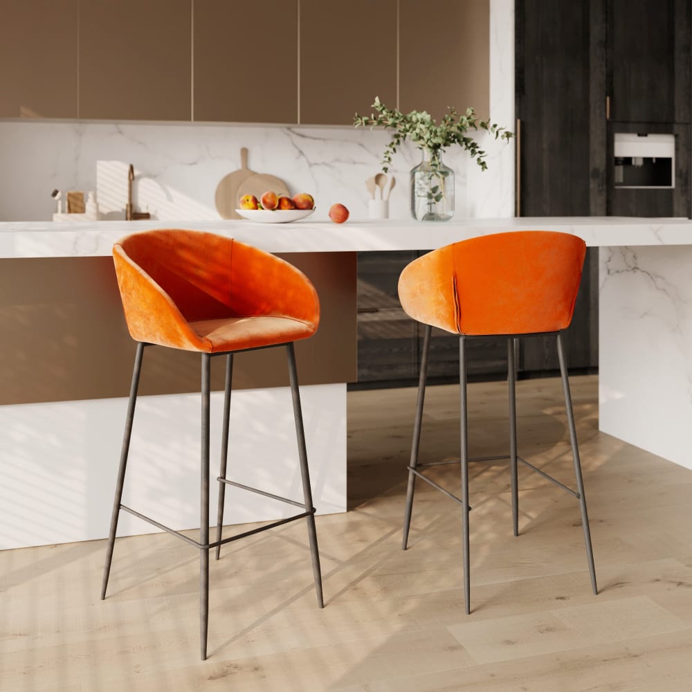 Set mit 2 Barhockern 75 cm aus orangefarbenem Samt - Maisons Du