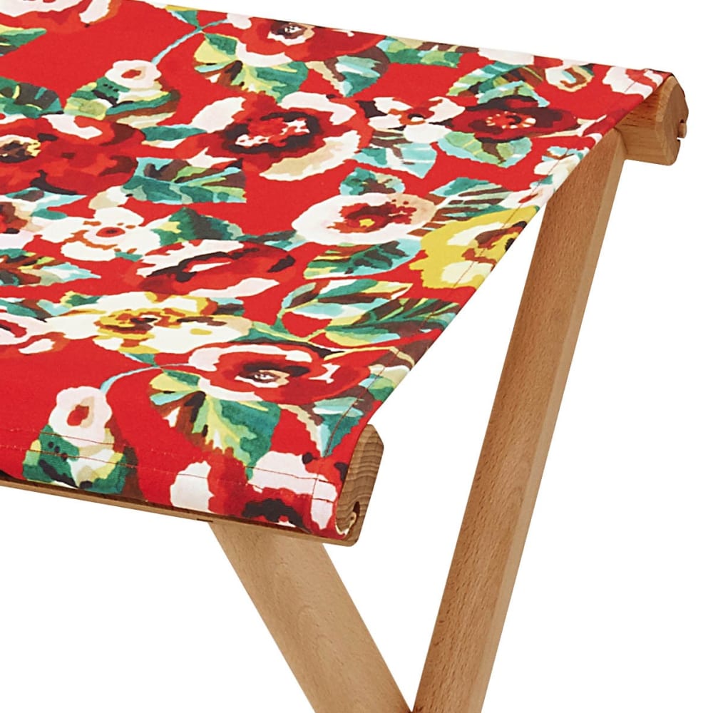 Pliant pêcheur en eucalyptus, toile outdoor, motif fleuri rouge - Maisons du Monde