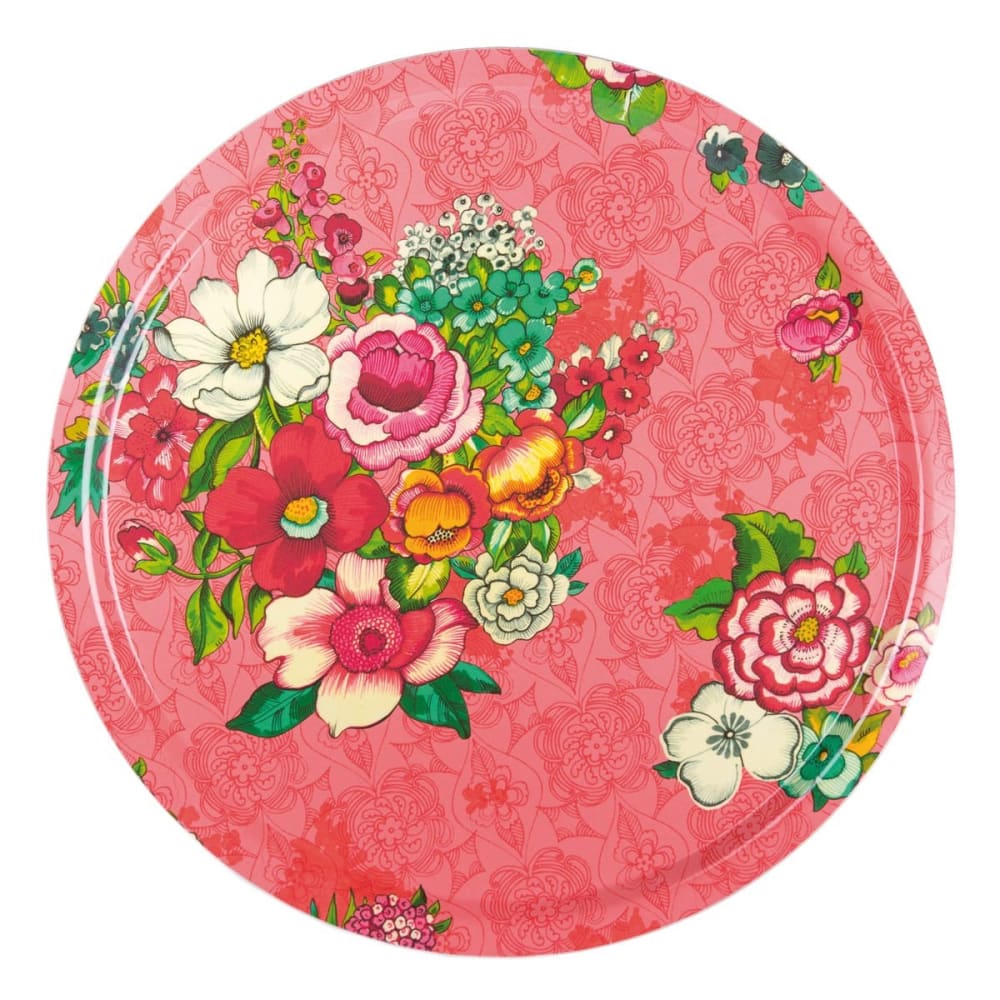 Vent de Bohème Rundes Tablett Holzblätter Floraler Druck Koralle style exotic Rosa Holz