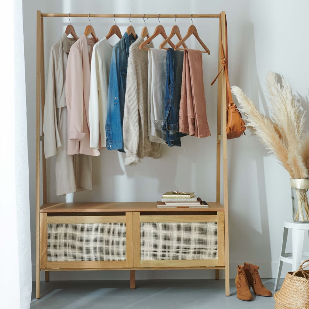 Portant vêtements bois et cannage de rotin L110 x H165 cm  Chêne