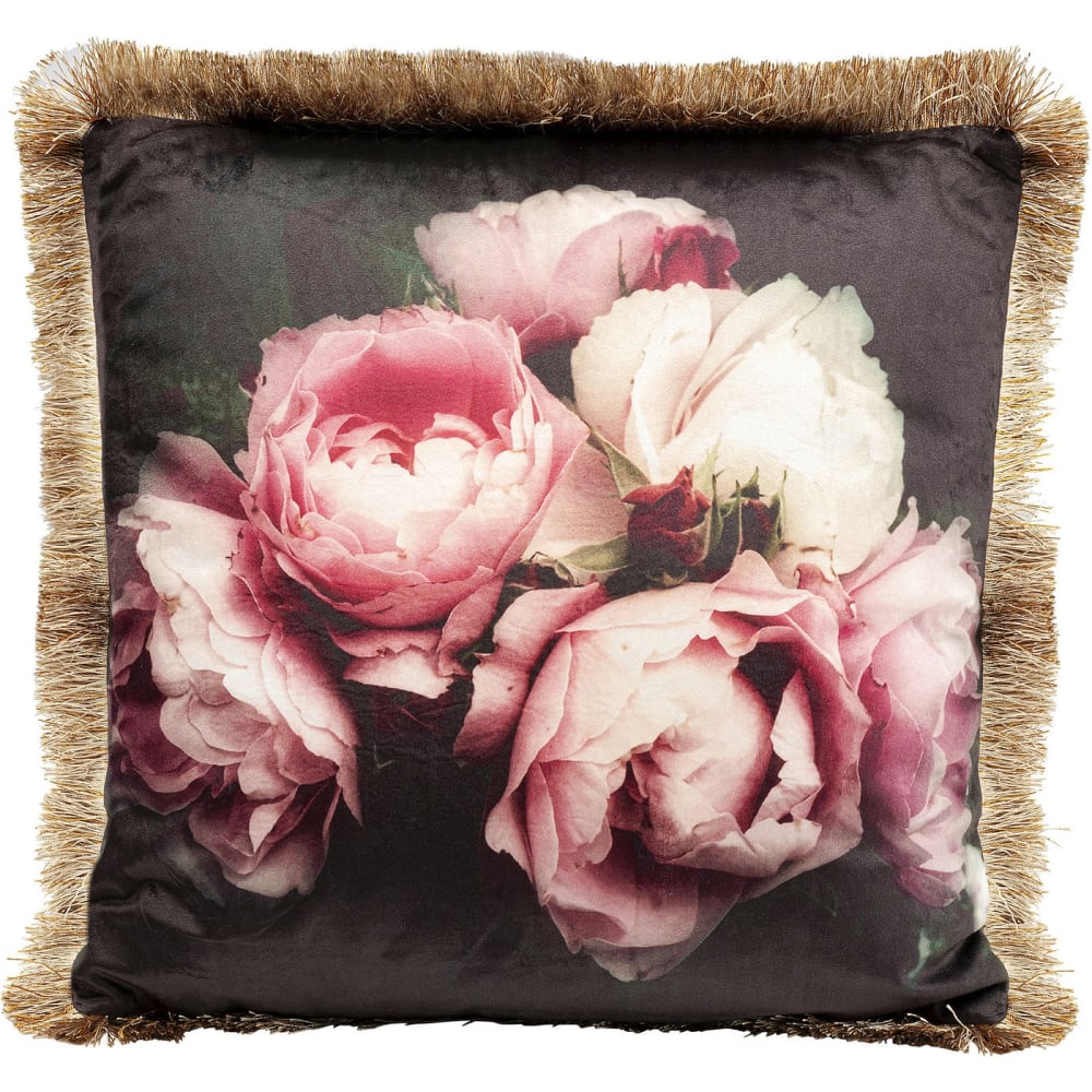 Cojín negro, estampado de peonía rosa 45x45