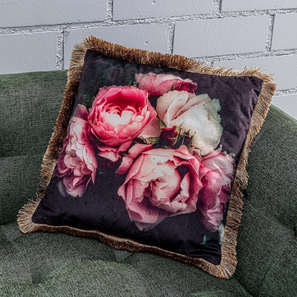 Cojín negro, estampado de peonía rosa 45x45 - Maisons du Monde