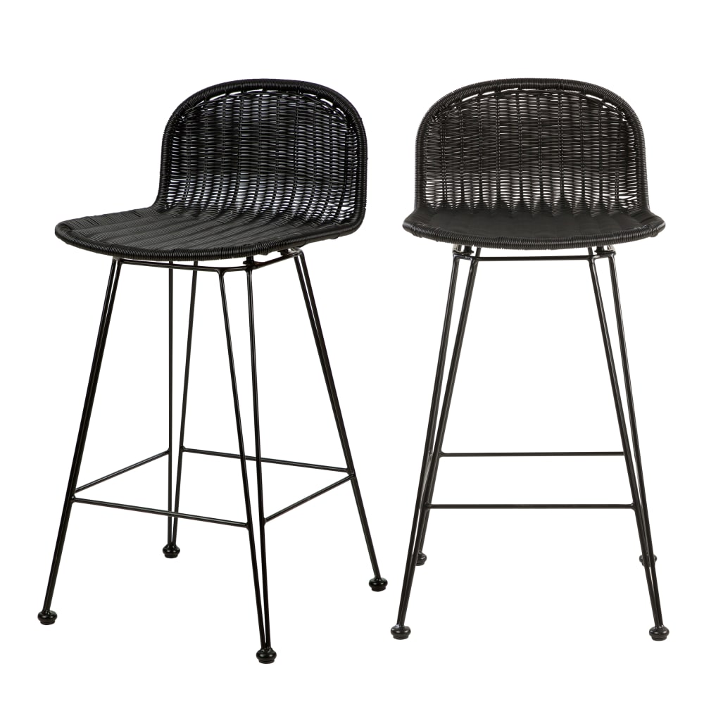 Lot de 2 chaises de bar mi-hauteur 63 cm en résine tressée noire