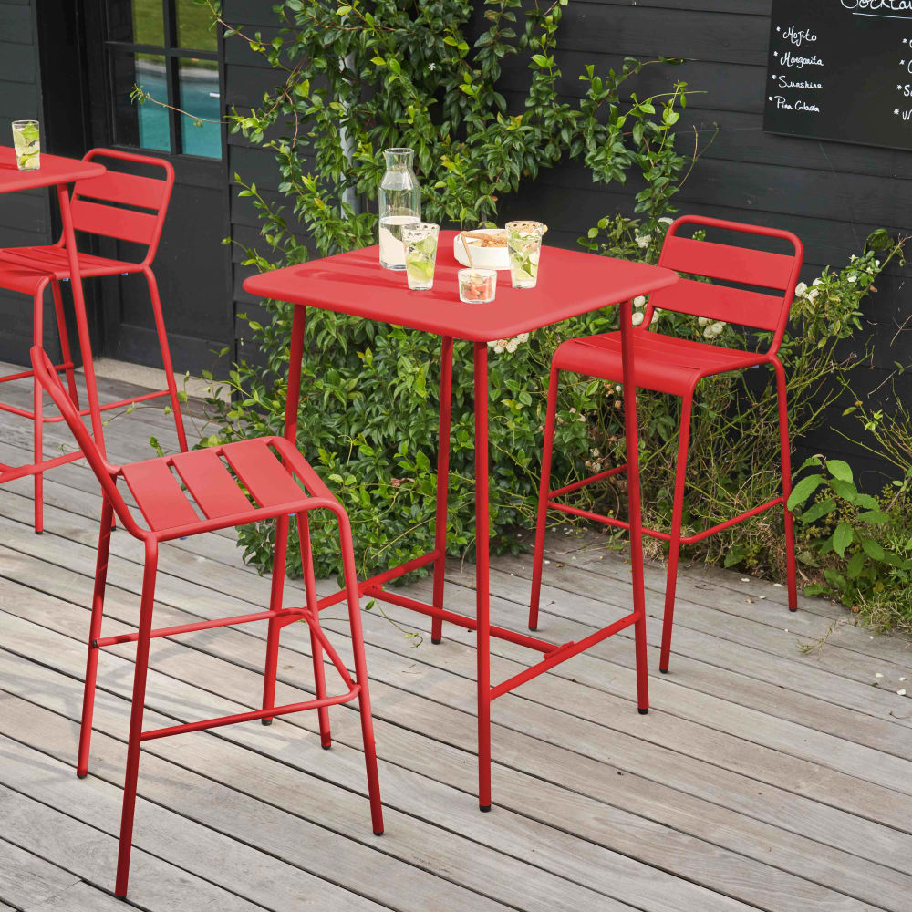 Ensemble table de bar et 2 chaises hautes en métal rouge