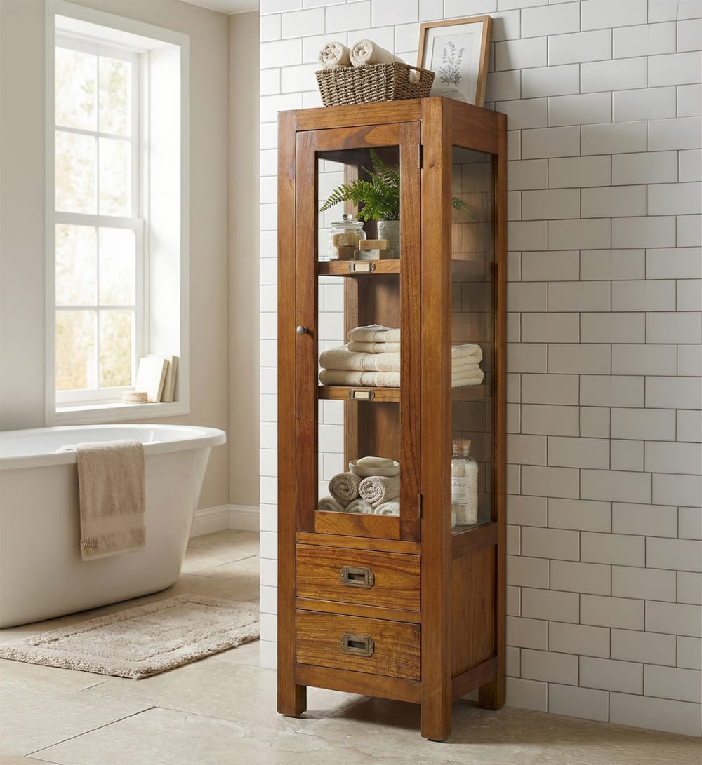 Vitrina 1 puerta de cristal y 2 cajones de madera marrón alt. 135 cm - Maisons du Monde