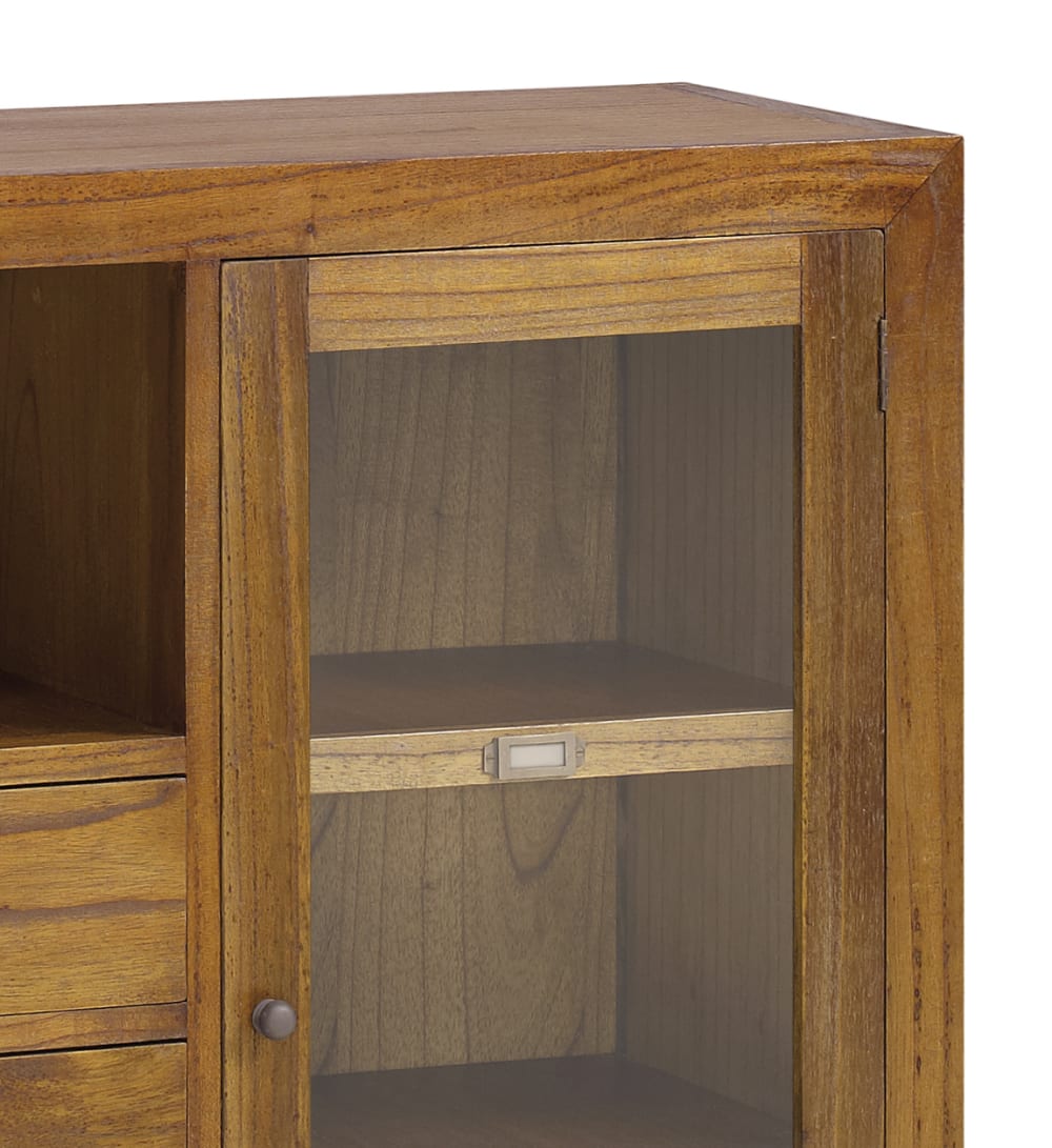 Vitrine 1 porte en verre et 2 tiroirs en bois marron L 90 cm