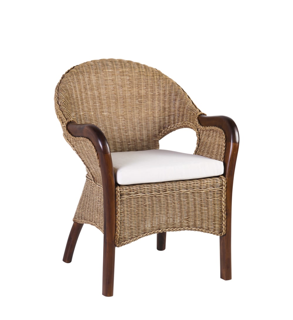Fauteuil en rotin et bois marron avec coussin