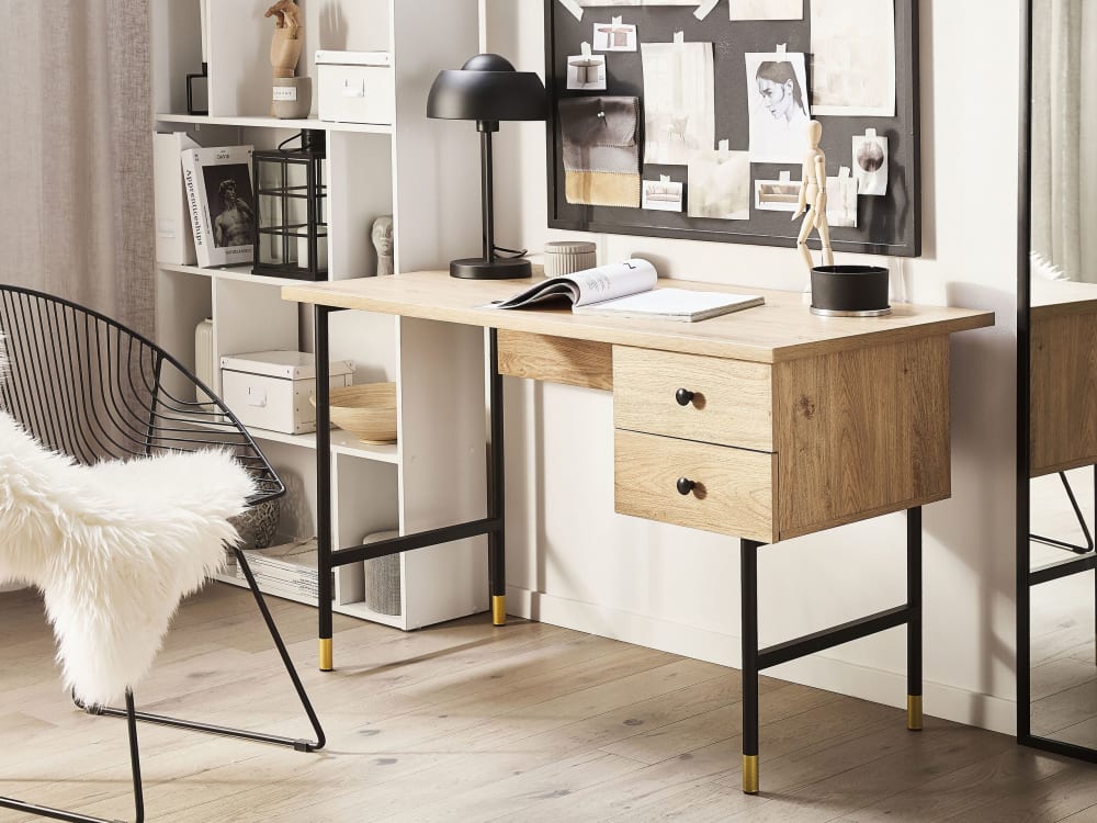 Bureau effet bois clair et métal noir avec 2 tiroirs