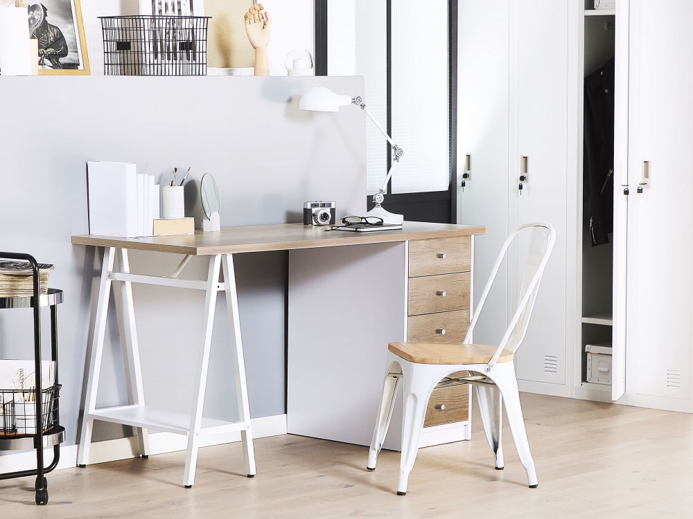 Bureau effet bois clair et blanc avec 5 tiroirs
