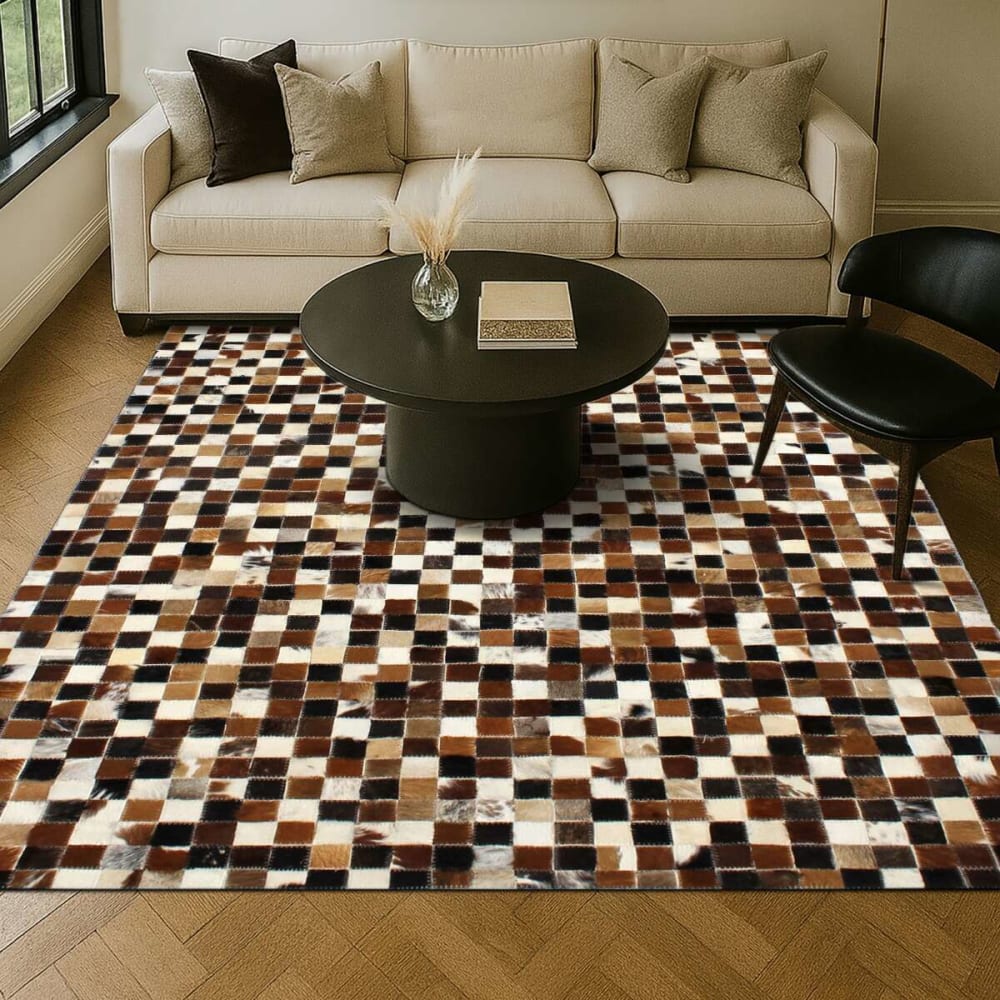 Tapis en cuir recyclé motif damier marron 120x170
