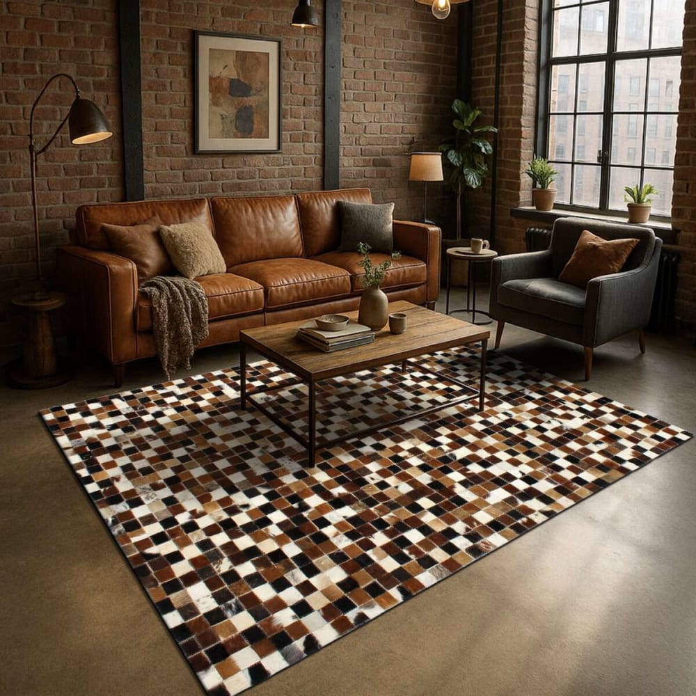 Tapis en cuir recyclé motif damier marron 160x230