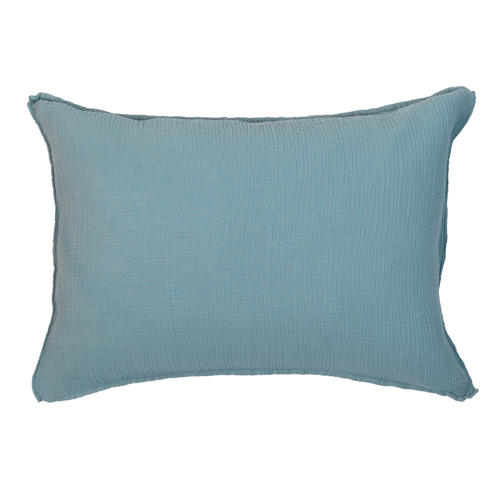 MAISON D'ÉTÉ Taie d'oreiller en gaze de coton bleu minéral d'une douceur incroyable. Matière naturelle douce et moelleuse. Tissage 130 Gr/m²