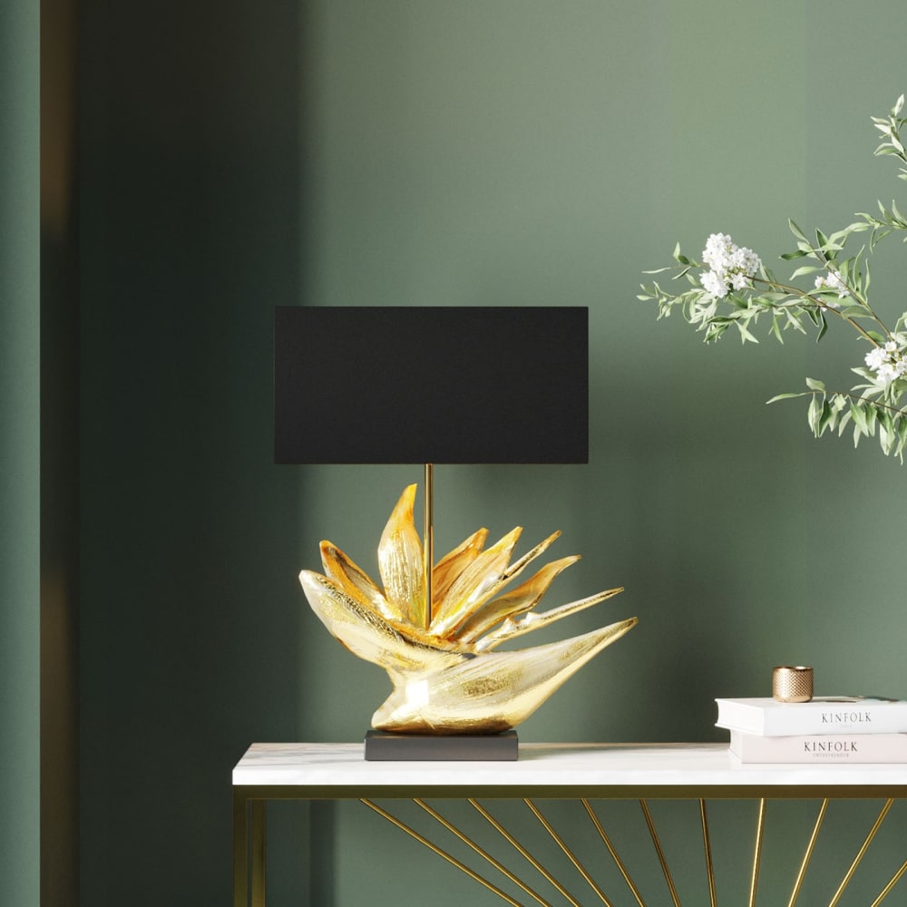 Lampe fleur en polyrésine dorée et abat-jour noir - Maisons du Monde