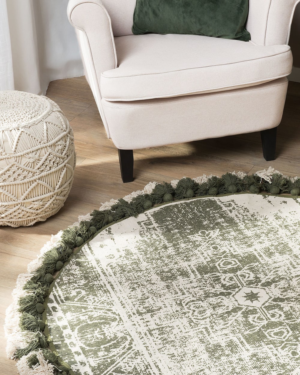Tapis rond à franges blanc crème et vert D120cm — vue 3