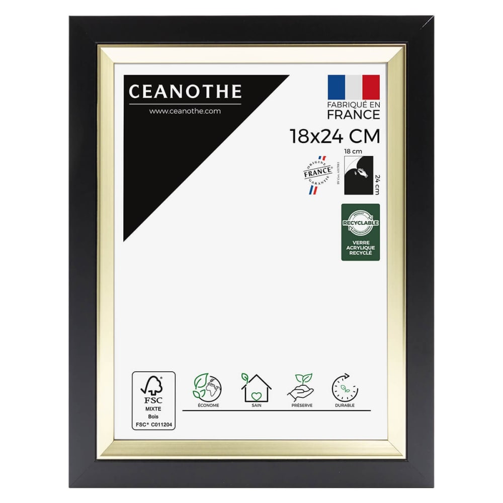 Cadre photo noir doré 18x24 cm résine recyclée