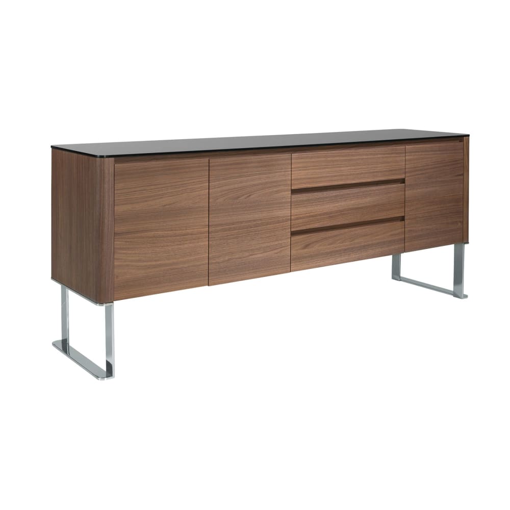 Buffet noyer, acier chromé et plateau en verre noir Buffet noyer, acier chromé et plateau en verre noir