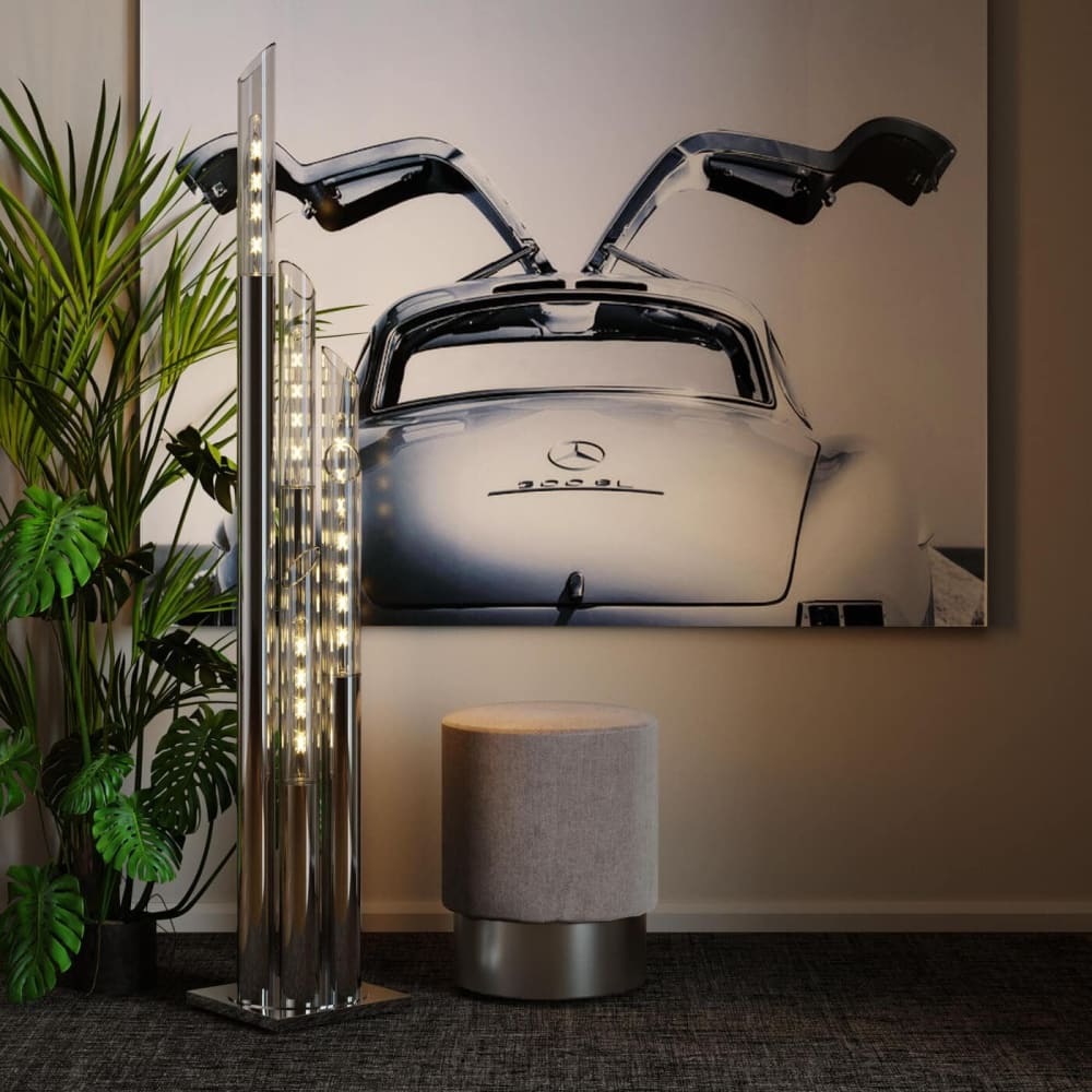 Tabouret en velours gris clair et acier chromé