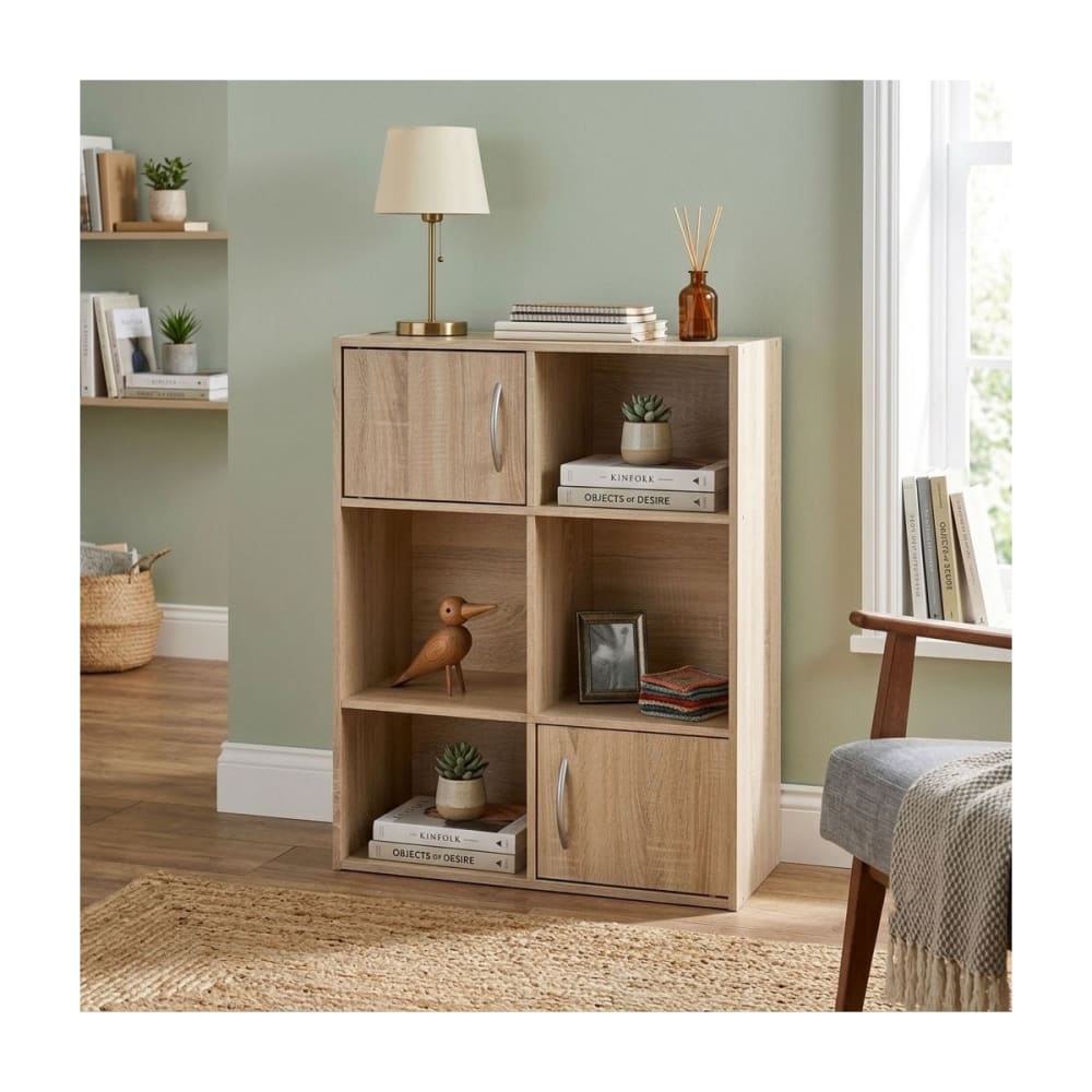 Etagère de rangement 6 cases 2 portes - bois clair - Maisons du Monde