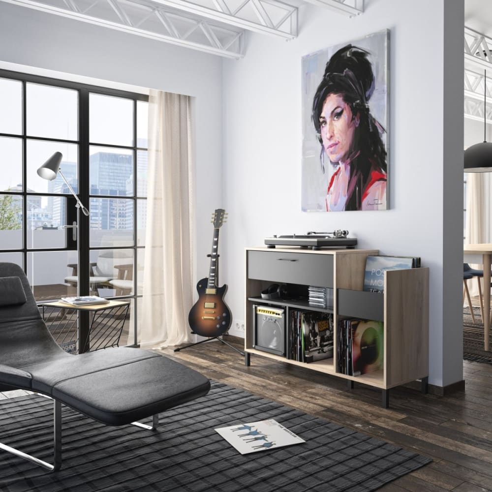 Meuble de rangement vinyles 1 tiroir style industriel - Marron et noir