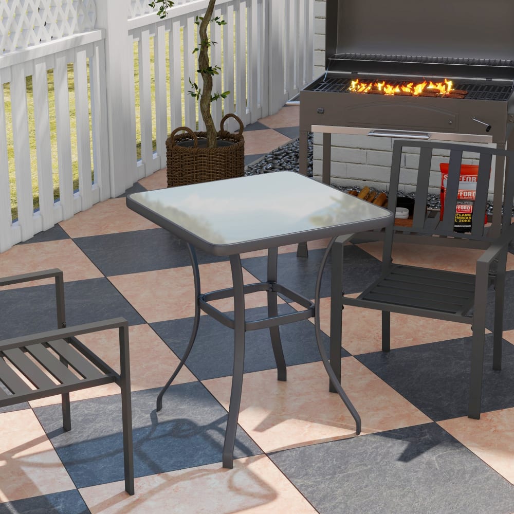 Table carrée bistro de jardin métal gris plateau verre trempé granité - Maisons du Monde