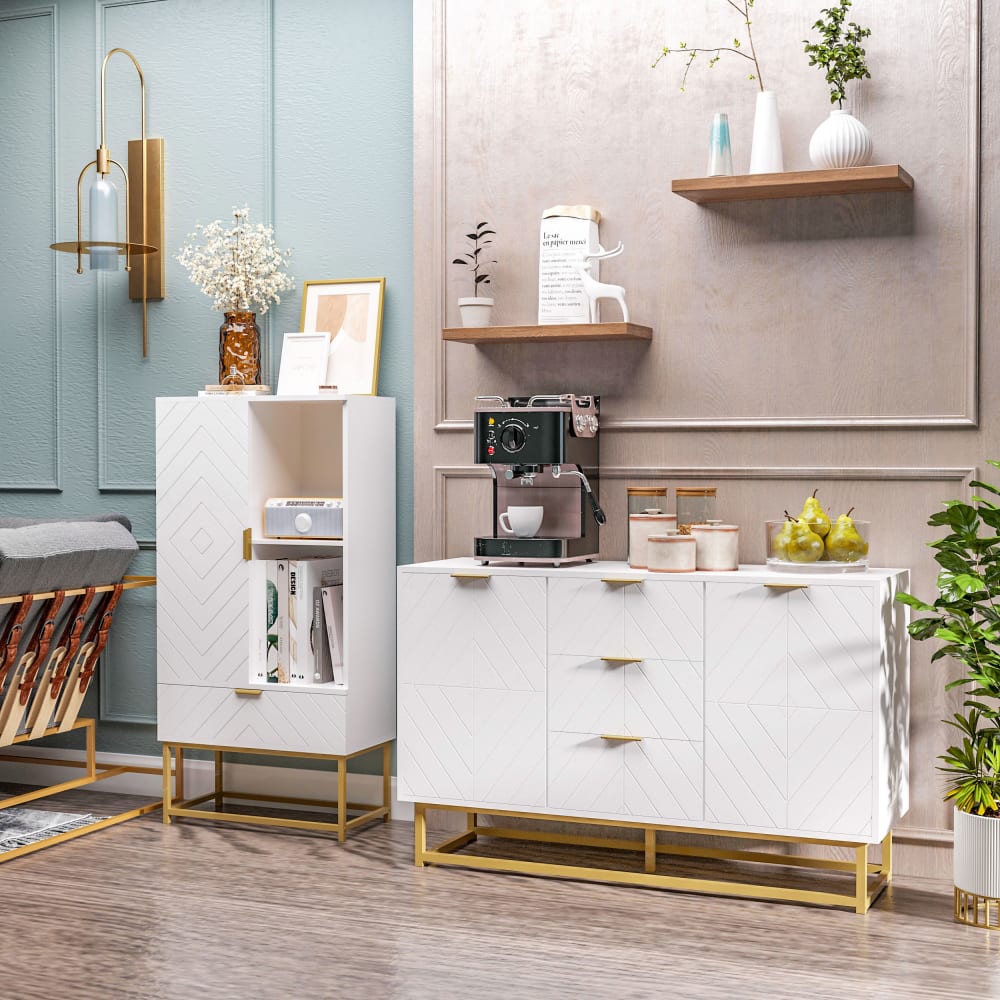 Buffet design contemporain graphique 2 portes 3 tiroirs blanc doré