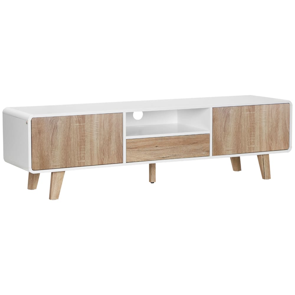 Meuble TV style scandinave 2 portes niche tiroir blanc effet bois
