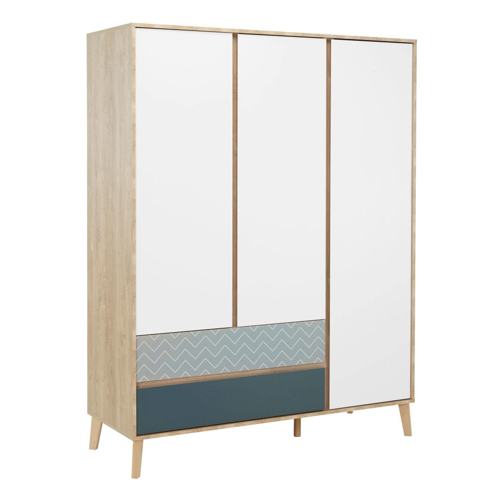 Armoire 3 portes 2 tiroirs effet bois