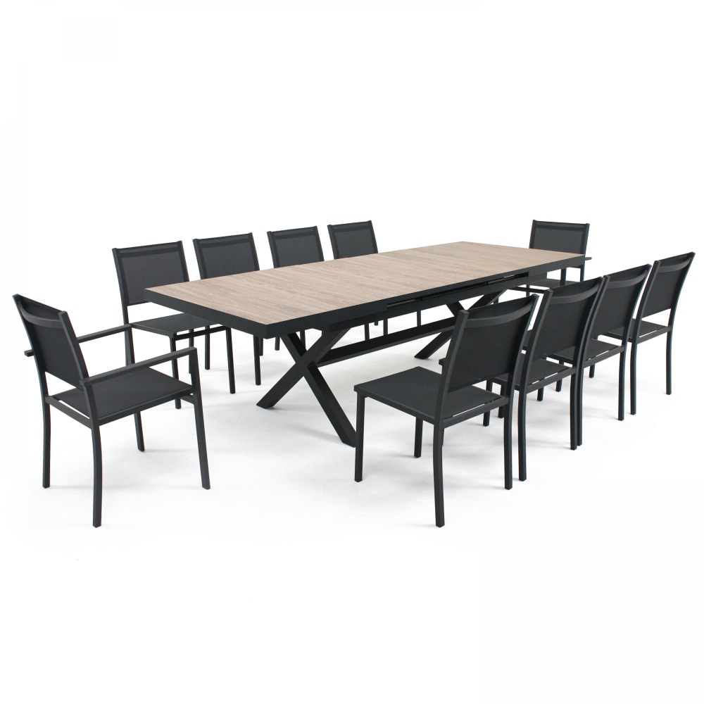 Oviala Ausziehbarer Tisch Kreuzbeine Holz 8 Stühle und 2 Sessel Braun Braun Aluminium