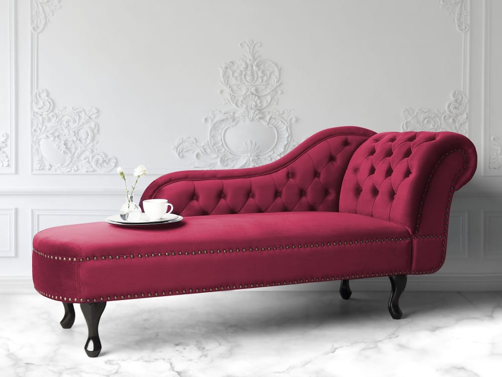 Chaise longue côté droit velours rouge foncé