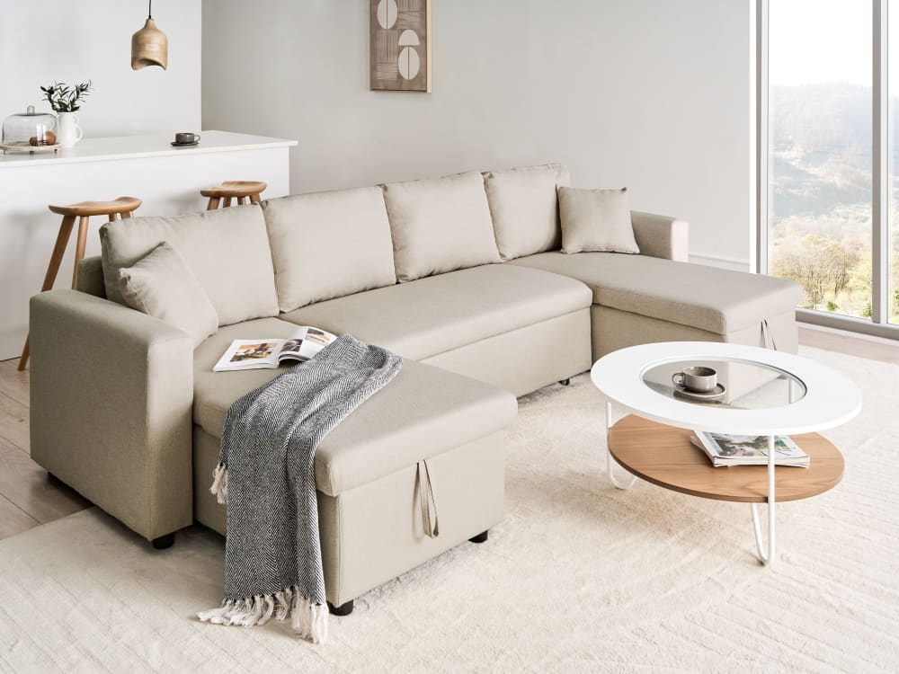 Schlafsofa 5 Personen aus Stoff, beige - Maisons Du Monde