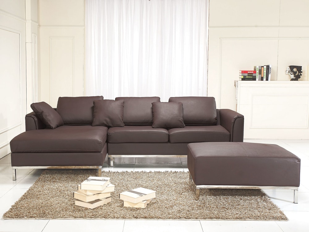 Canapé d'angle 4 personnes en cuir marron