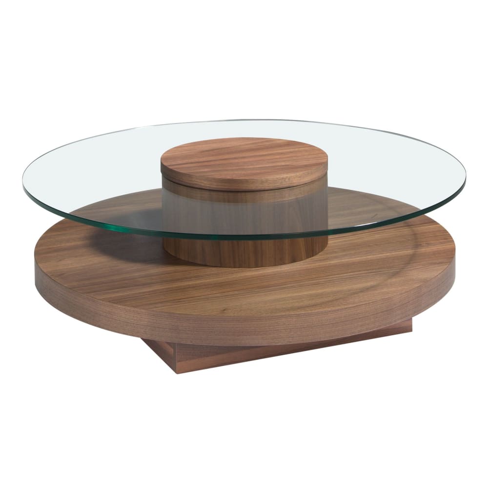 Table basse ronde en verre trempé et noyer Table basse ronde en verre trempé et noyer
